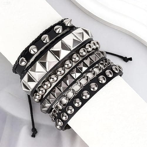 JOLYEAK Punk Leather Rivets Bracelets Punk Rock Leather Studded Bracelets 80s Wristband Emo Gothic Spike Cuff Bracelet Set for Men Women Rocker Outfits Skull Bracelet thumbnail 7