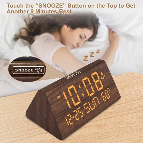 DreamSky Digital Alarm Clocks for Bedrooms - Wooden Desk Clock with Date, Day of Week, USB Port, Temperature, Dimmer for Bedside Table, Living Room, Office, Adjustable Volume, Auto DST, Wood Decor thumbnail 5