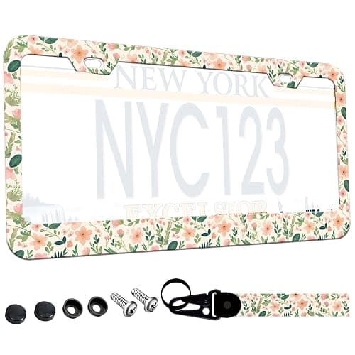 1-Pack Cute Pink Floral License Plate Frames for Women, 2 Holes Pink Flower and Green Foliage License Plate Holder, Floral License Plate Cover fits US Vehicles with Keychain Wrist Lanyard - Image 1