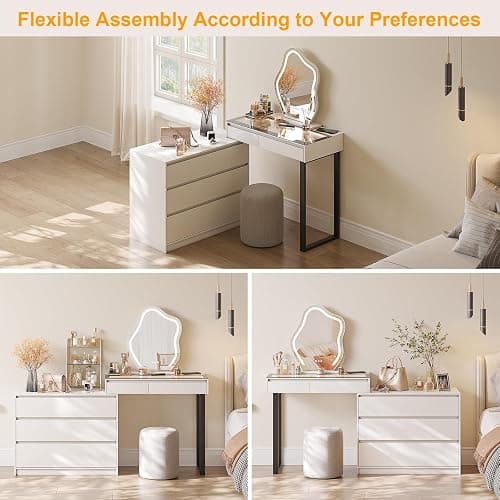 BROTTAR Vanity Dressing Tables with LED Lights, Glass Top Vanity Table Makeup Desk with Cloud-Shaped Mirror and 5 Drawers, White Dresser with Charging Station for Bedroom - Style A thumbnail 7