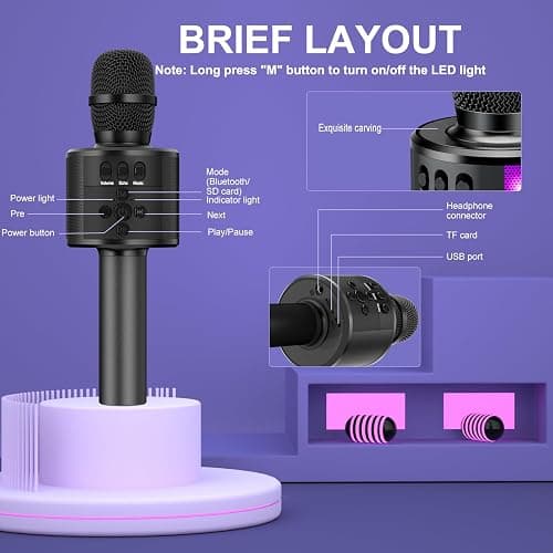 BONAOK Karaoke Microphone for Kids & Adults - Bluetooth Microphones Singing Mic with Disco Lights, Echo Effect, Built-in Speaker Portable Karaoke Player for Party Travel Gifts Q78(Black) thumbnail 6