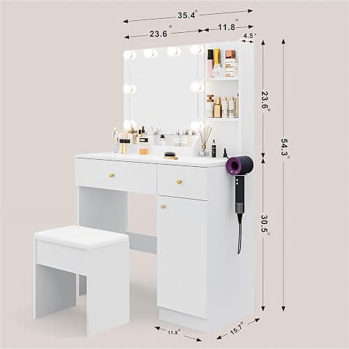 Yegosh Vanity Desk with Mirror and Lights Dimmable LED Makeup Table with Drawers Side Cabinet 3 Storage Shelves Power Outlet Dressing Table Set Include Holder Cushioned Stool for Bedroom(White) - 35.4 Inch+white thumbnail 2