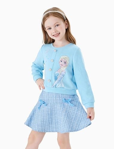 Disney Frozen Elsa Stitch Princess Moana Minnie Toddler Girl 2 Piece Outfit Kid Pearl Button Knit Top & Tweed Skirt Set 2-13Y thumbnail 2