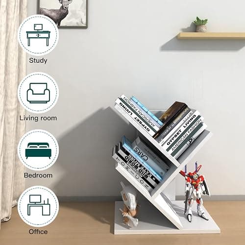 Godferyxin Tree Bookshelf, 3-Tier Wood Small Bookshelf and Mini Book Shelf for Office, Home or School Desk Book Shelf for for Displaying Books, CDs, Magazines Wood Storage Rack-Whit thumbnail 8