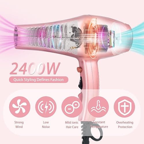 Ionic Hair Dryer,2400W Negative Ion Low Noise Hair Dryer Professional Fast Drying Hair Dryers with 2 Speeds, 3 Heat Settings, Cooling Button,with Diffuser for Curly and Straight Hair（Sakura Pink） thumbnail 2