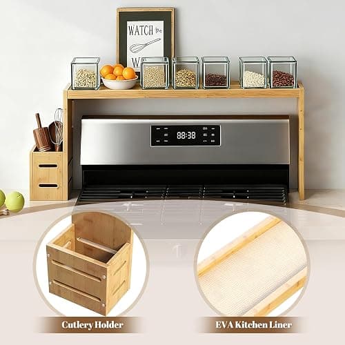 BESLCEID 31-inch bamboo stove rack for above the hob, kitchen bamboo spice rack, supports up to 50 pounds. Bamboo stove rack for storing spices and kitchen utensils. (Wood colour) thumbnail 5