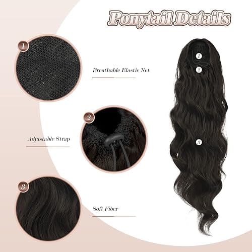 FESHFEN Pferdeschwanz Haarteil Haarverlängerung mit Kordelzug Pferdeschwanz Verlängerung Synthetik Wellig Locken Haarteil Natürliches Schwarz Ponytail Extension für Frauen 60cm thumbnail 3