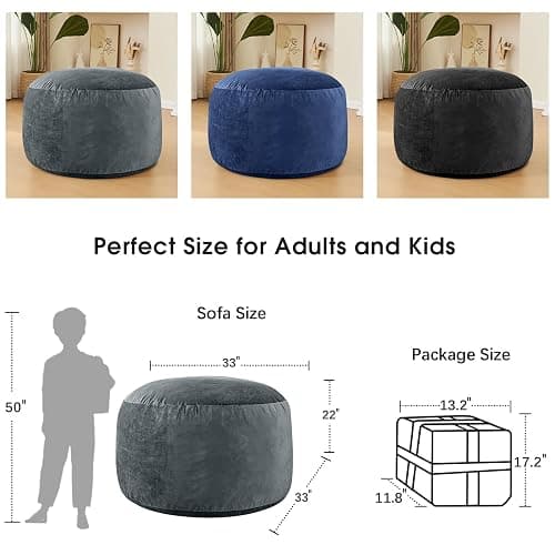 Bean Bag Chairs for Adults - Memory Foam Furniture BeanBag Chair - Kids/Teens Sofa with Soft Micro Fiber Cover - Round Fluffy Couch for Living Room Bedroom College Dorm,Medium,Gary thumbnail 3