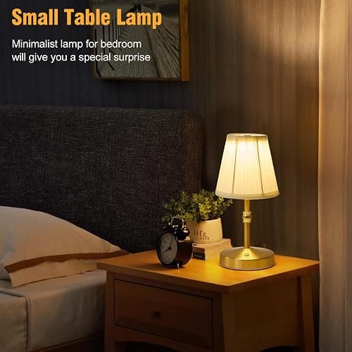 5w Led Cordless Mini Lamps,3000 mah Battery Operated Lamp,3 Color Temperature Dimmable Table Lamp,Gold Rechargeable Table Lamp Fabric,Aesthetic Small kitchen Lamp for Counter,Restaurant,Bar,H9.8" thumbnail 2
