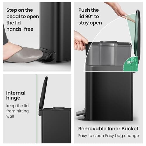 Cesun Small Bathroom Trash Can with Lid, 1.6 Gal, Soft Close, Matte Black | Step pedal soft close, Slim 5.9in fits narrow spaces, Stainless steel, Anti-fingerprint, Removable inner bucket, Odor seal thumbnail 4