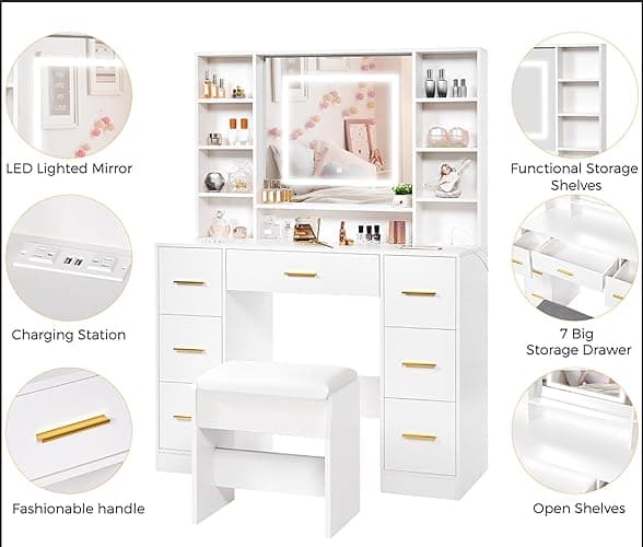 ANWBROAD Vanity Desk Table with Lighted Mirror 39.4“ Girls Makeup Vanity with Power Outlet 3 Colors Lighting Adjustable Brightness Vanity Table for Women Bedroom Dressing Room White UBDT65W thumbnail 6