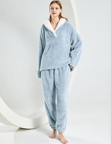 Gihuo Women' s Fluffy Pajamas Set Fleece Pullover Pants Loose Plush Sleepwear 2 Piece Pjs Set Warm Loungewear Fuzzy thumbnail 2