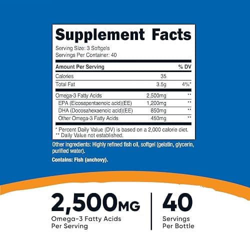 Nutricost Omega 3 Fish Oil - 2500MG, 120 Softgels (40 Serv) - Fish Oil, Wild Caught! 1200mg EPA 850mg DHA - Non-GMO, Gluten Free thumbnail 2