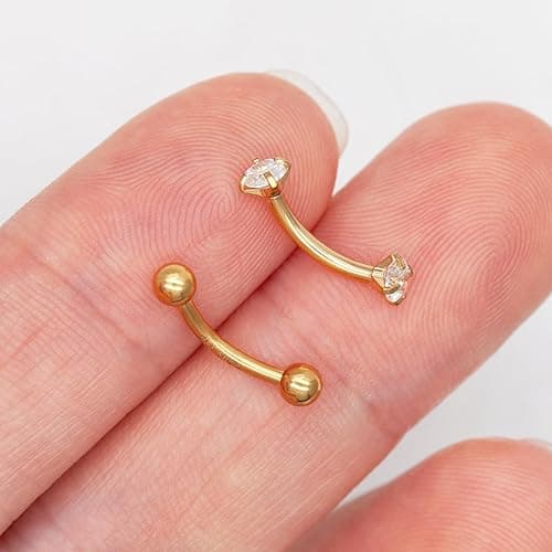 ALACLO 2 Pcs 14k Gold Filled Eyebrow Rings, 16G Threaded Rook Piercing Jewelry, Surgical Steel Vertical Lip Labret Belly Tongue Ring Daith Earring Curved Barbells thumbnail 6