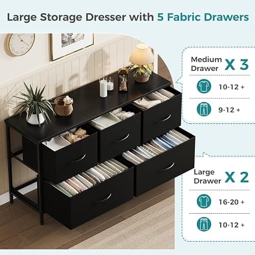 OLIXIS 5 Drawer Dresser for Bedroom, Closet Chest Organizer Furniture, TV Stand for Living Room Hallway, Wide Fabric Storage Tower with Wooden Top and Metal Frame, Black thumbnail 4
