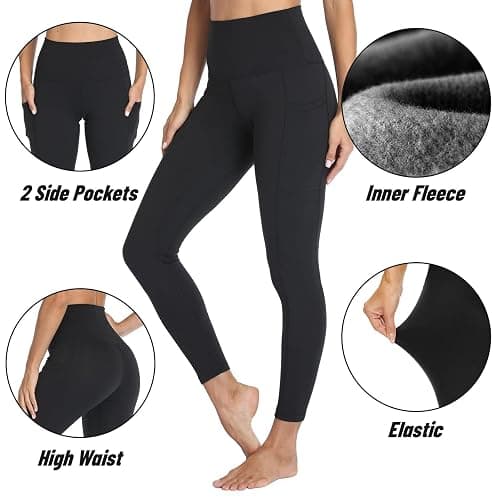 AMIYOYO Thermal Leggings Women with Pockets High Waist Fleece Lined Leggings Warm Winter Fur Yoga Pants Tummy Control Trousers Soft Stretchy Tights Workout Yoga Gym Running Black thumbnail 2
