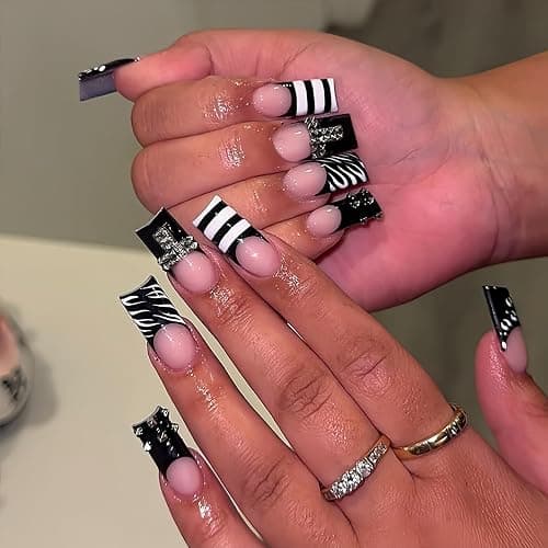 Long Press on Nails Square Fake Nails Black Acrylic Nail Press Ons Seeneey Y2K Stripes Glossy Stick on Nail for Women 24pcs - Image 1
