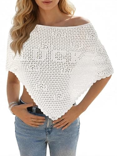 Fisoew Womens Crochet Cover Up Summer Sheer Ponchos Shawl Boho Beach Vacation Off The Shoulder Knit Tops Swimsuit Coverups - Image 1
