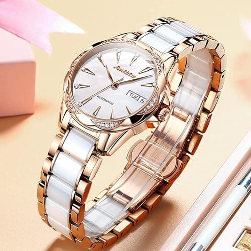 Womens Watch Automatic White Face Ladies Watch Mechanical Waterproof Self-Winding Wrist Watch Rose Gold Pearl Shell Dial Watches Day Date Woman Watches Ceramic Stainless Steel Diamond Watch for Ladies thumbnail 5