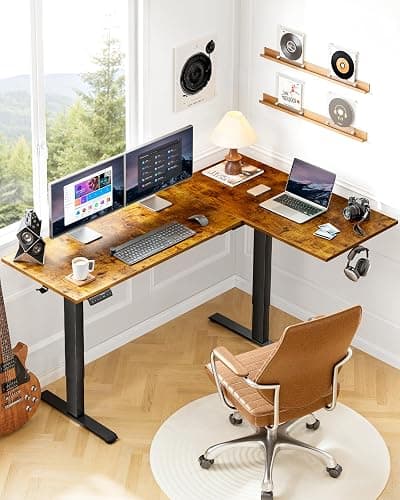 HUANUO Dual Motor 71x48 inch L Shaped Electric Standing Desk with 3 Preset Heights, Electric Height Adjustable Computer Table, 2 Hooks & Cable Tray, Raising Desk for Home Office, Vintage Brown thumbnail 2