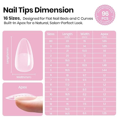 Beetles Tipex Lite Apex Nail Tips,Almond Short, 96pcs 16 Sizes, Pre-Building Pre-Etched Acrylic Nail Tips for Flat Nails & Natural Nail Beds thumbnail 4