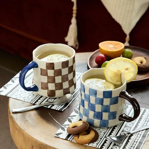 Hand-Painted Ceramic Coffee Mugs Set of 4 – 16oz Large Capacity Artistic Tea Cups with Checkerboard & Striped Patterns, Microwave & Dishwasher Safe for Home, Office, Kitchen (Summer Vibes Collection) thumbnail 4