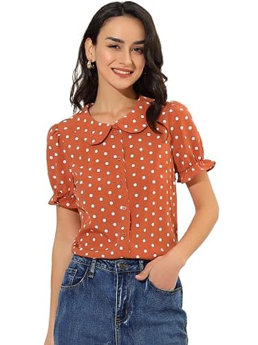 Allegra K Women's Polka Dots Shirt Short Puff Sleeve Vintage Button Up Peter Pan Collar Blouse Tops - Image 1