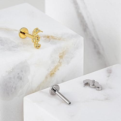 FINE4U 1PC 16G ASTM F136 Titanium Octopuses Piercings Jewelry with 6mm 8mm Post for Conch Helix Flat Labret 16G 6mm 8mm - Seahorses- Gold thumbnail 5