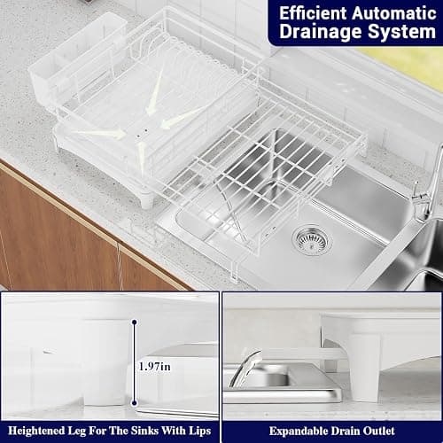 COHOSEGE Large Dish Drying Rack,Extendable Dish Rack with Cutlery Holder, Anti-Rust White Dish Racks for Kitchen Counter,Dish Drainers for Kitchen Sink,Over The Sink Drying Rack Kitchen thumbnail 4