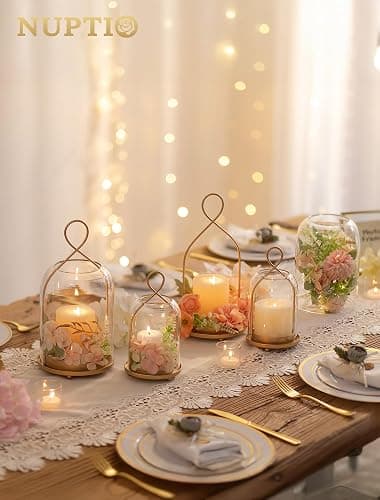 NUPTIO Glass Lanterns Decorative Outdoor: Gold Hurricane Candle Holders for Pillar Candles - Set of 2 Hanging Lantern for Home Thanksgiving Christmas Party Centerpiece thumbnail 5