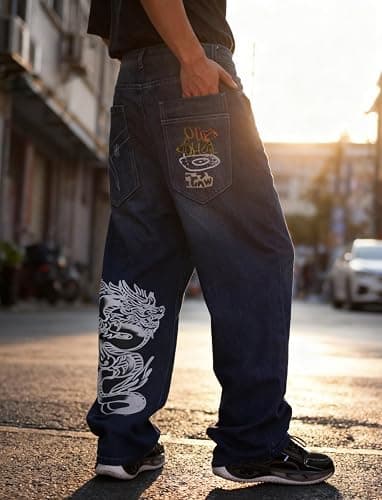 Unisex Y2K Hip Hop Street Jeans with Skeleton Print, Gothic Baggy Jeans, Vintage High Waist Denim, Wide Leg Pants thumbnail 9