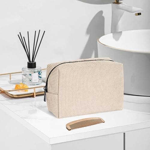 MAANGE Cosmetic Bags for Women Small Makeup Bag for Purse Corduroy Makeup Pouch Travel Makeup Bag with Metal Zipper Make Up Bag for Travelling(Beige) thumbnail 2