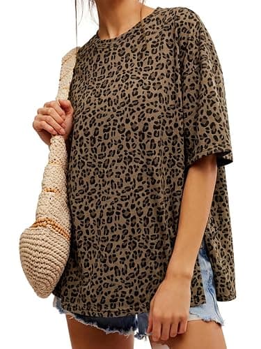 Tankaneo Womens Oversized T-Shirts Summer Casual Short Sleeve Loose Fit Top | Baggy, Boxy, Crew Neck, Flowy Shirt, Side Slit, Solid Color, Striped, Leopard Print, Cute, Going Out - Image 1