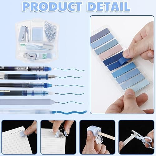 Colarr Mini Office Supply Kit Includes Stapler Tape Dispenser Staple Remover Paper Clips Scissor Staples Pen Sharpener Note Small Telescopic Knife for Office and School Clerk Student (Blue) thumbnail 4