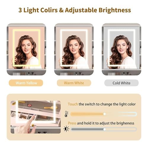 Wodeer Makeup Vanity Desk with Mirror and Lights, White Vanity with Glass Top, Jewelry Storage, Power Outlets, 3 Drawers & 2 Cabinets, Adjustable LED Lighting, Dressing Table for Women & Girls Bedroom thumbnail 5