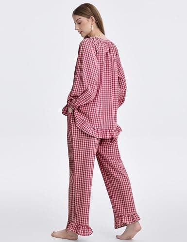 COZYPOIN Womens Plaid 2 Piece Pajamas Sets Cotton Gingham Puff Long Sleeve Babydoll Shirt Ruffle Pants Y2K Pjs Lounge Set thumbnail 4