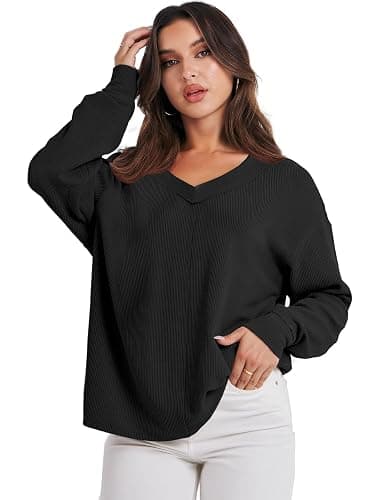 ANRABESS Oversized Long Sleeve Shirts for Women Off the Shoulder Sweatshirt Loose V Neck Tunic Tops High Low Sweater 2025 thumbnail 9