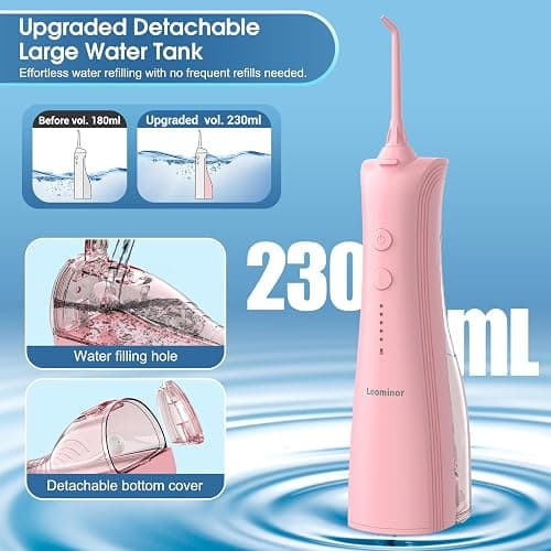 Leominor Water Dental Flosser - 5 Modes Cordless Portable Oral Irrigator, IPX7 Waterproof, Rechargeable Teeth Cleaner Upgrade Datchable Tank Professional Flossing Cleaning Pick for Home Travel (Pink) thumbnail 4