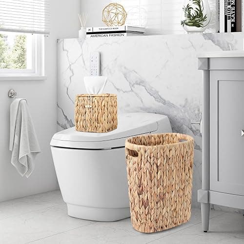 Wicker Trash Can and Square Tissue Box Cover, 4 Gallon Water Hyacinth Bathroom Trash Can, Handwoven Napkin Holder, Narrow Small Waste Basket, Rustic Decorative Home Set for Bedroom,Office (Khaki) thumbnail 4