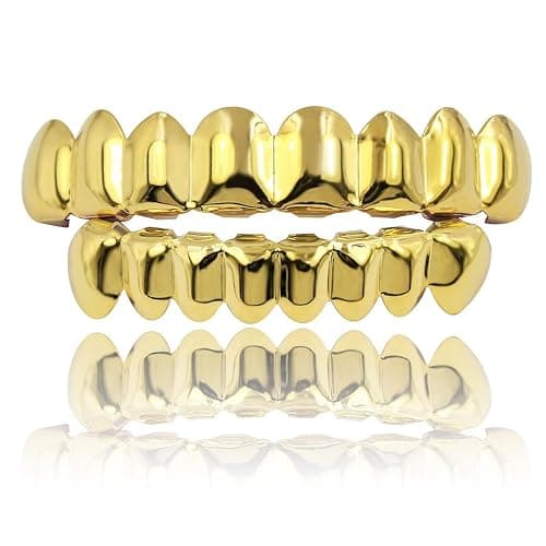 JINAO Grillz Teeth Men - Grills for Your Teeth 8 Top & Bottom Set, 18K Gold-Plated Brass Dental Grills with Molding Bars, Unisex Hip-Hop Rapper Costume Accessory - Image 1