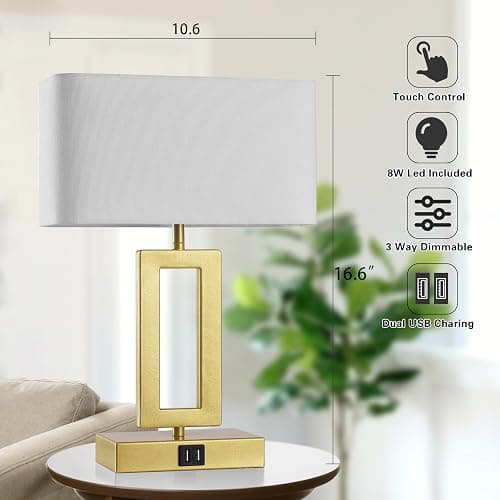 gernehop Gold Table Lamps Set of 2 with Dual USB Ports,3-Way Dimmable Touch Control Bedside Lamps,Modern Bedroom Table Lamp for Living Room,Nightstand LED Bulbs Included thumbnail 4