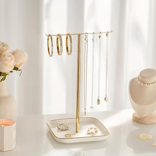 pickpiff Necklace Holder Stand with Ceramic Base: 12" Jewelry Tree Display Organizer for Necklaces, Bracelets, Rings, Earrings, Tall Gold Stand for Women, Aesthetic Room Décor, Gold and White thumbnail 2