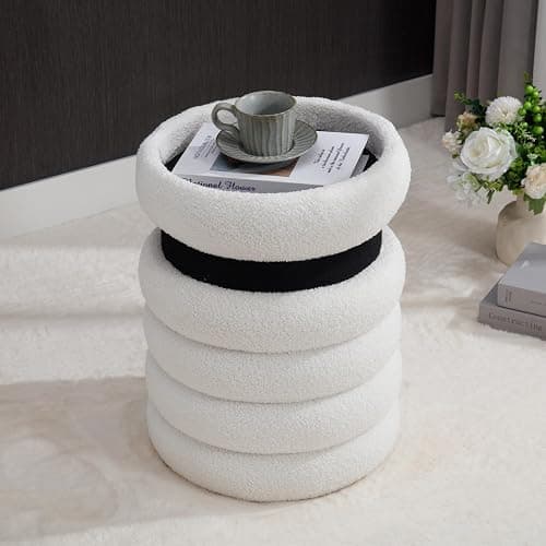 DM Furniture White Round Storage Ottoman Upholstered Sherpa Foot Stool Ottoman Small Boucle Foot Rest Stool for Dorm/Living Room/Entryway/Bedroom thumbnail 4