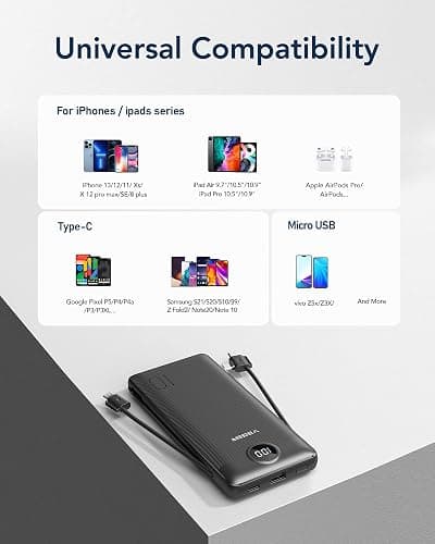VEGER Portable Charger for iPhone Built in Cables and Wall Plug, 10000mah Slim Fast Charging USB C Power Bank, Travel Essential Battery Pack Compatible with iPhones, iPad, Samsung More Devices(Black) thumbnail 6