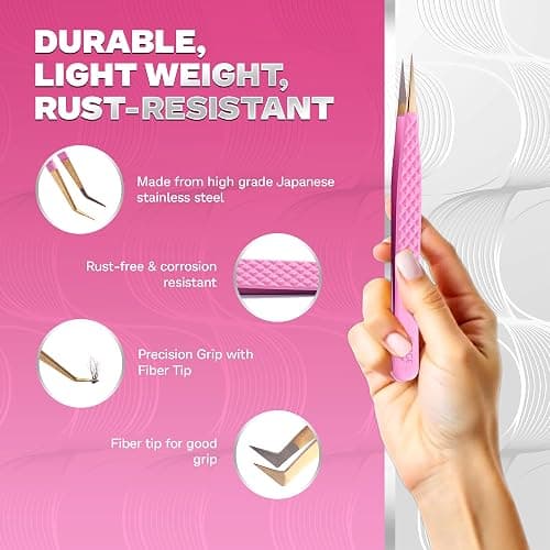 5 Pcs Fiber-Tip Japanese Steel Lash Tweezer Set with Leather Case, Professional Eyelash Tweezers for Lash Extensions – Titanium Coated, 90 & 45 Angled, Precision Pointed Tweezers (PINK) thumbnail 3