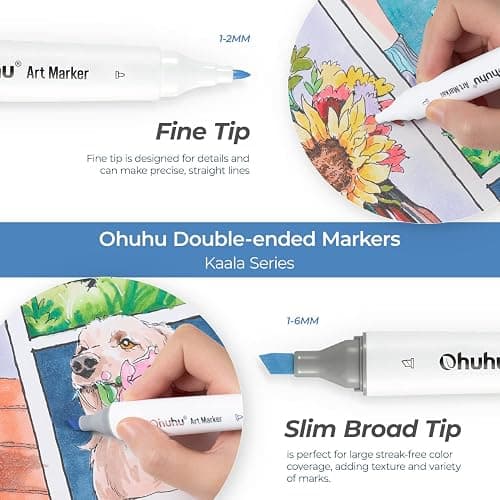 Ohuhu Alcohol Markers, Slim Chisel and Fine Dual Tip Art Marker Set for Colouring Drawing Highlighting - 24 Basic Colours Alcohol Based Ink for Artists Adult(Unique Ergonomic Design) thumbnail 4