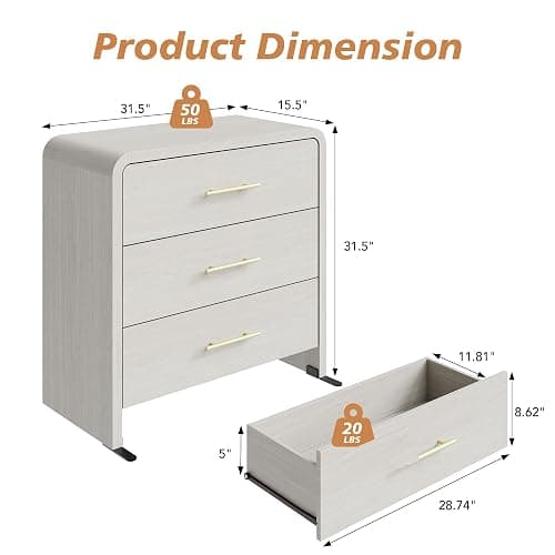 Fatmok Night Stand Set of 2, 31.5'' Wide Wooden Bedside Table with 3-Drawer, Modern Curved Profile Design End Table with Long Metal Handle for Bedroom, White Wood Grain thumbnail 2