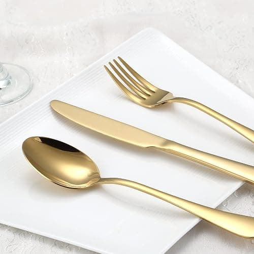 Briout Gold Silverware Set, 20 Piece Golden Cutlery Set Service for 4, Stainless Steel Flatware Set Include Spoons Forks Knives Tableware Utensil Set for Kitchen Home Restaurant, Shiny Gold Polished thumbnail 2