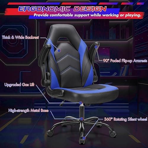 Sweetcrispy Computer Gaming Desk Chair - Ergonomic Office Executive Adjustable Swivel Task PU Leather Racing Chair with Flip-up Armrest for Adults, Kids, Men, Girls, Gamer, Black Blue thumbnail 7