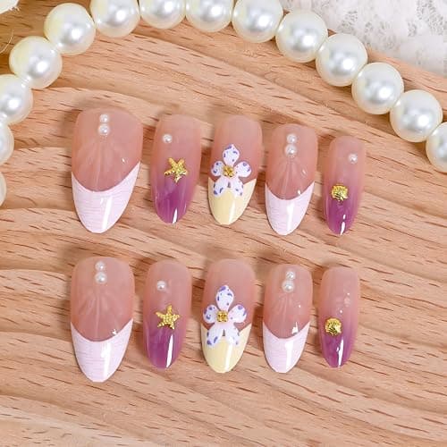 30Pcs Purple Flower Press on Nails Medium Almond French Tip Fake Nails with Gold Shell Starfish Gems Design Summer Stick on Nails Full Cover Artificial Glue on Nails Handmade False Nails for Women DIY thumbnail 3